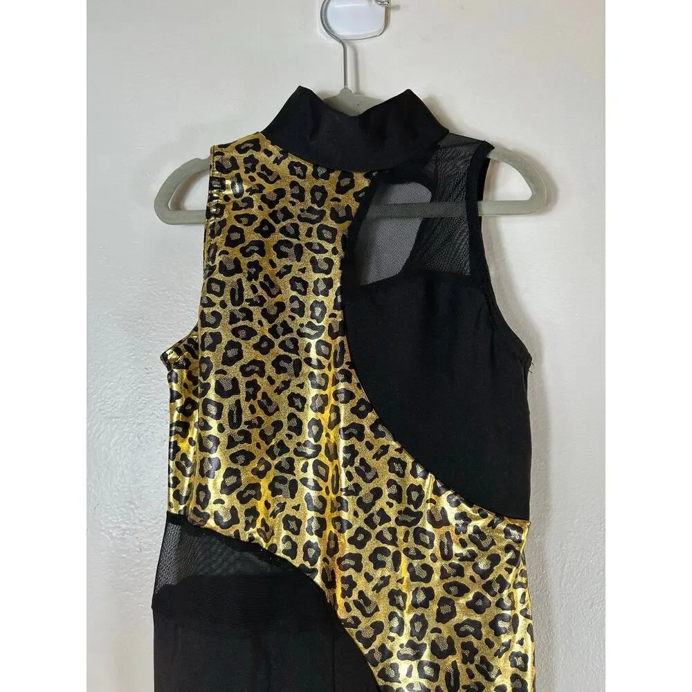 A WISH COME TRUE Girl’s Black/Gold Cheetah Print Dance Leotard / Size: MC Medium